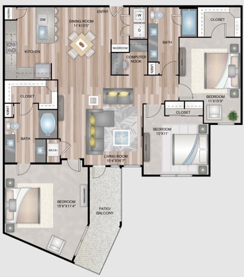 Floor plan for 3 beds, 2 baths, 1538 sqft